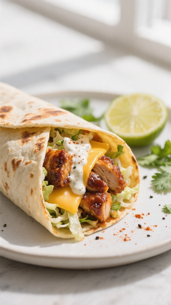 Close-up detail: A sliced air-fried BBQ chicken wrap, cut on the bias to reveal saucy BBQ chicken bi