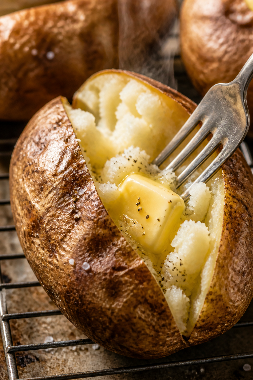Close-up detail: A split, freshly baked russet potato with crisp, salted skin and fluffy interior be