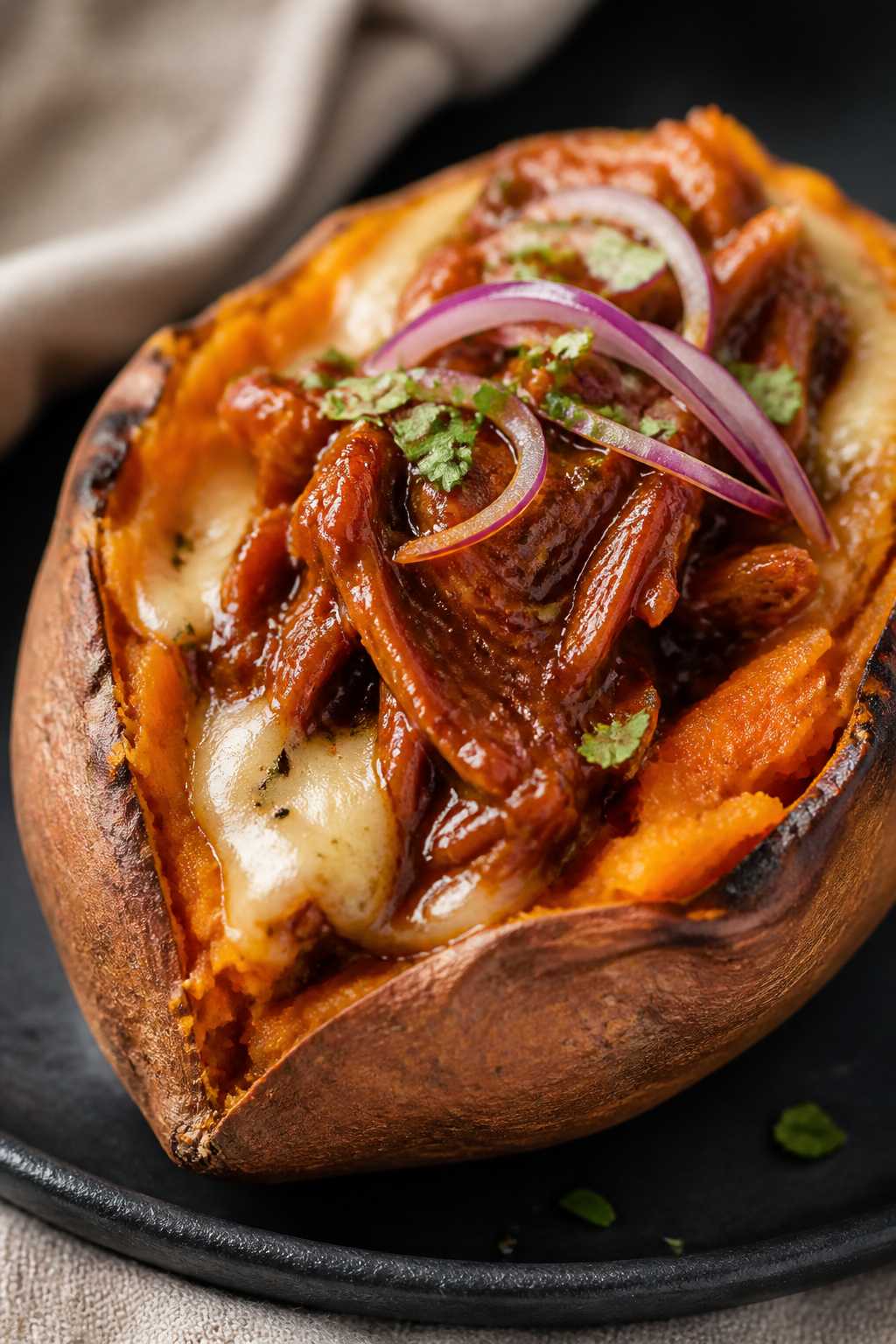 Close-up detail: A split, oven-baked sweet potato with caramelized edges and fluffy orange interior,