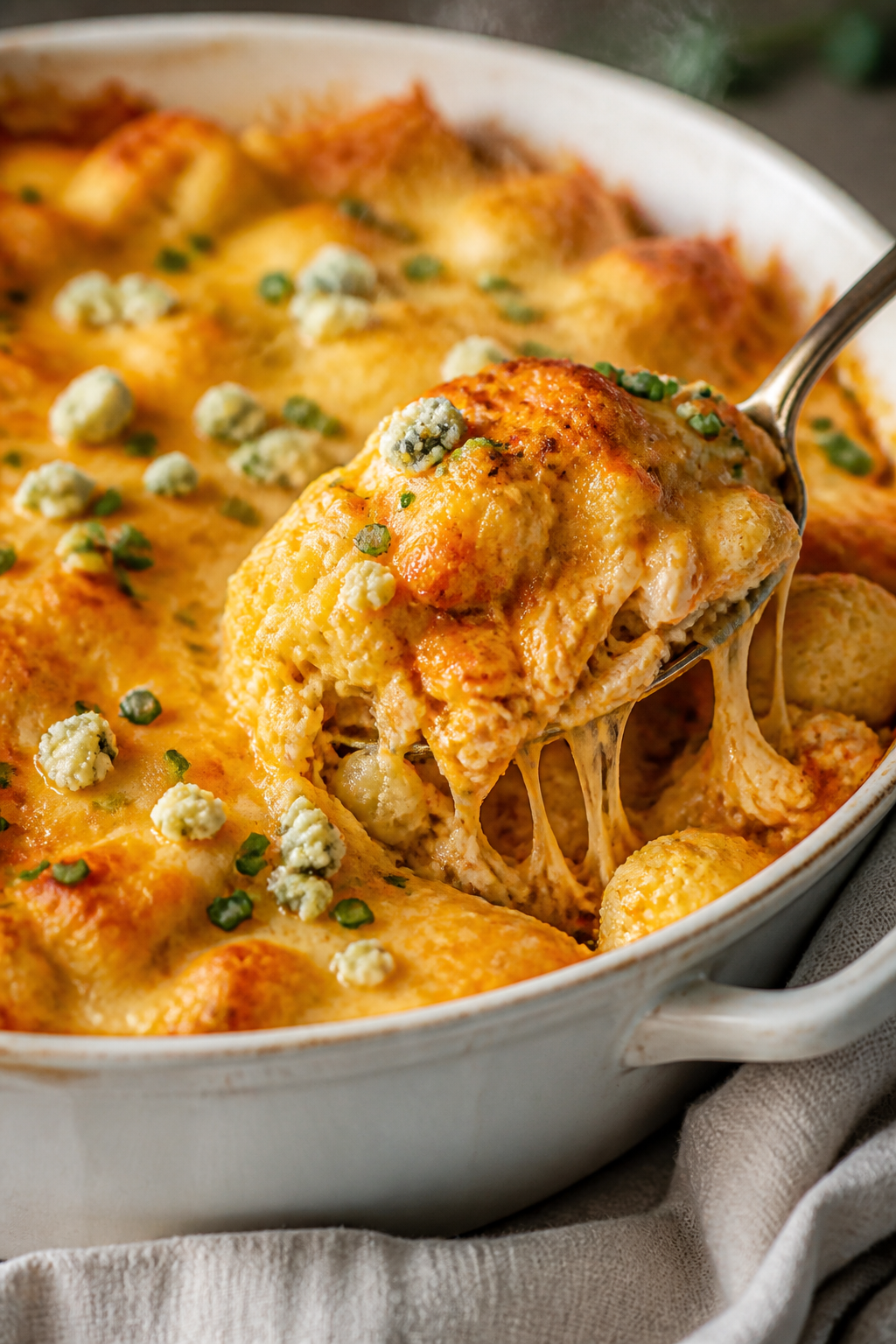 Close-up detail: A spoon breaking into a just-baked Buffalo Ranch Cauliflower Chicken Casserole, rev