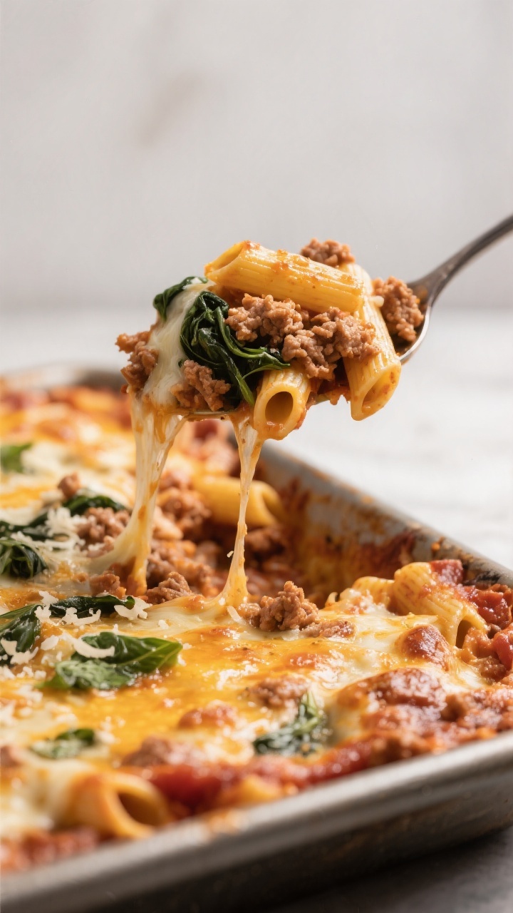 Close-up detail: A spoon lifting a portion of baked ground turkey pasta from a 9x13 pan, showing cur