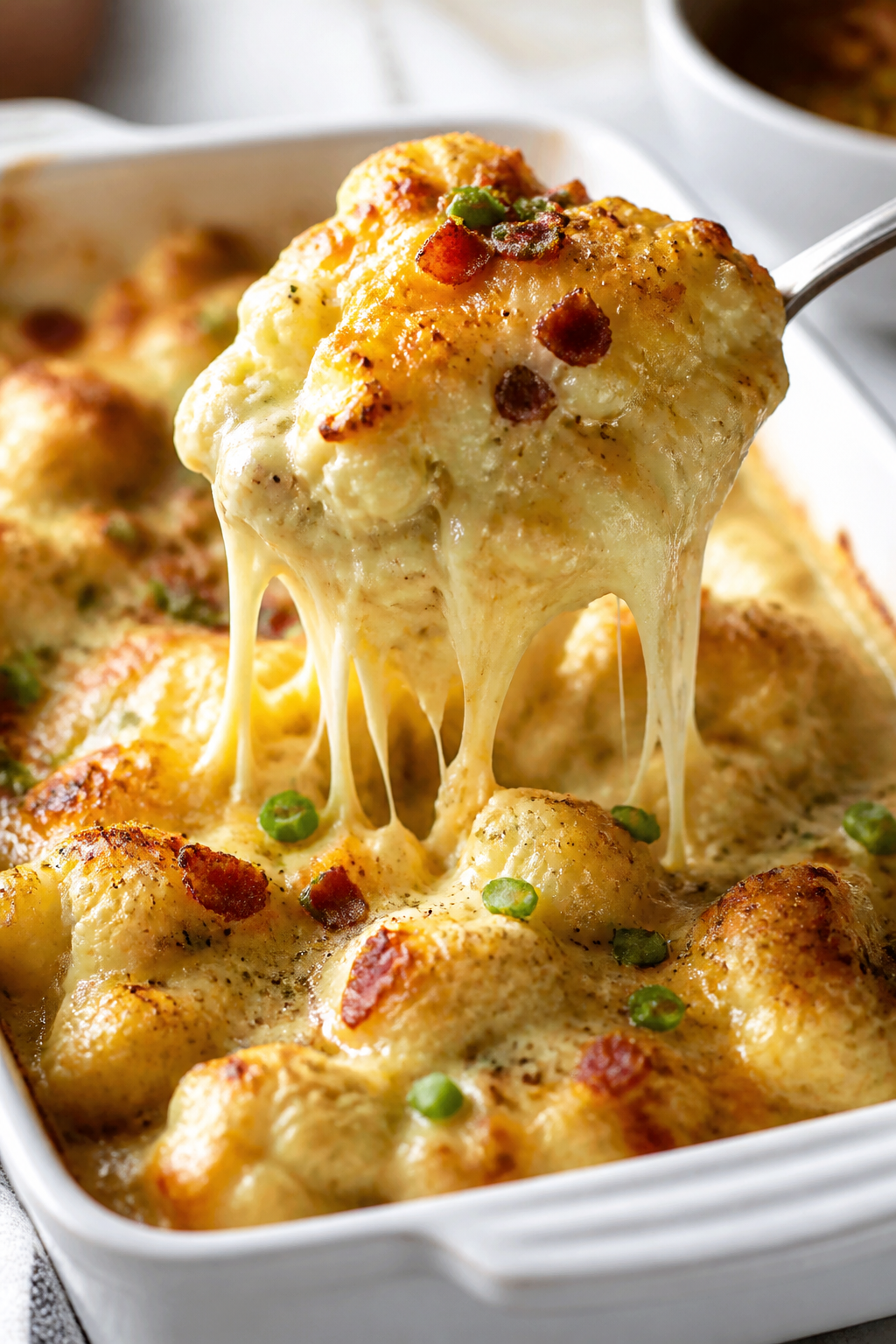 Close-up detail: A spoon lifting a portion of the baked creamy ranch bacon cauliflower from a 9x13 c