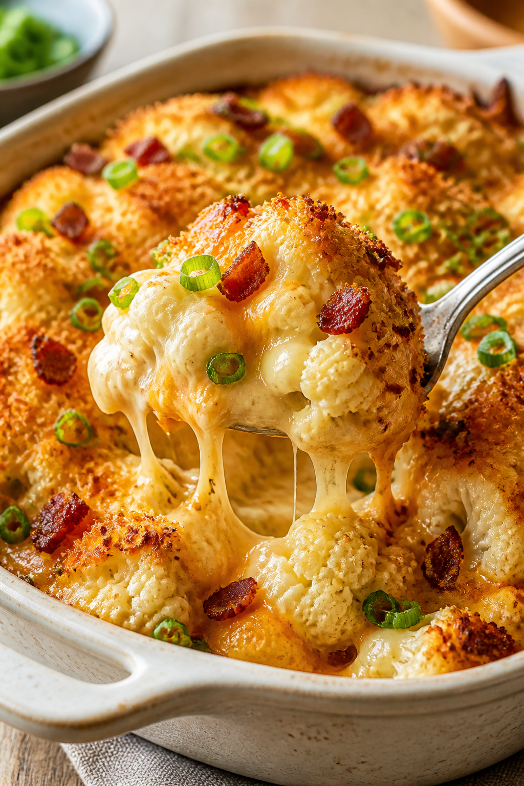 Close-up detail: A spoon scooping into the baked Million Dollar Cauliflower Casserole, capturing bub