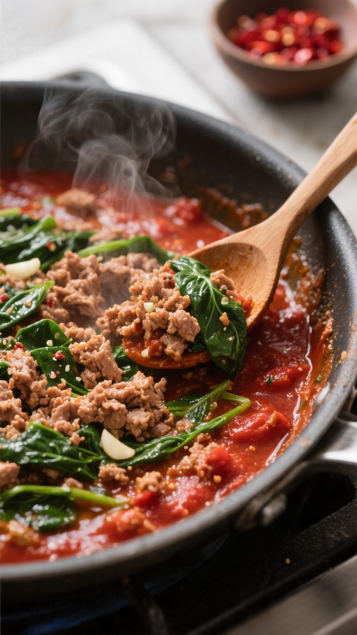 Close-up detail: A spoon scooping into the bubbling ground turkey–spinach marinara in a stainless 