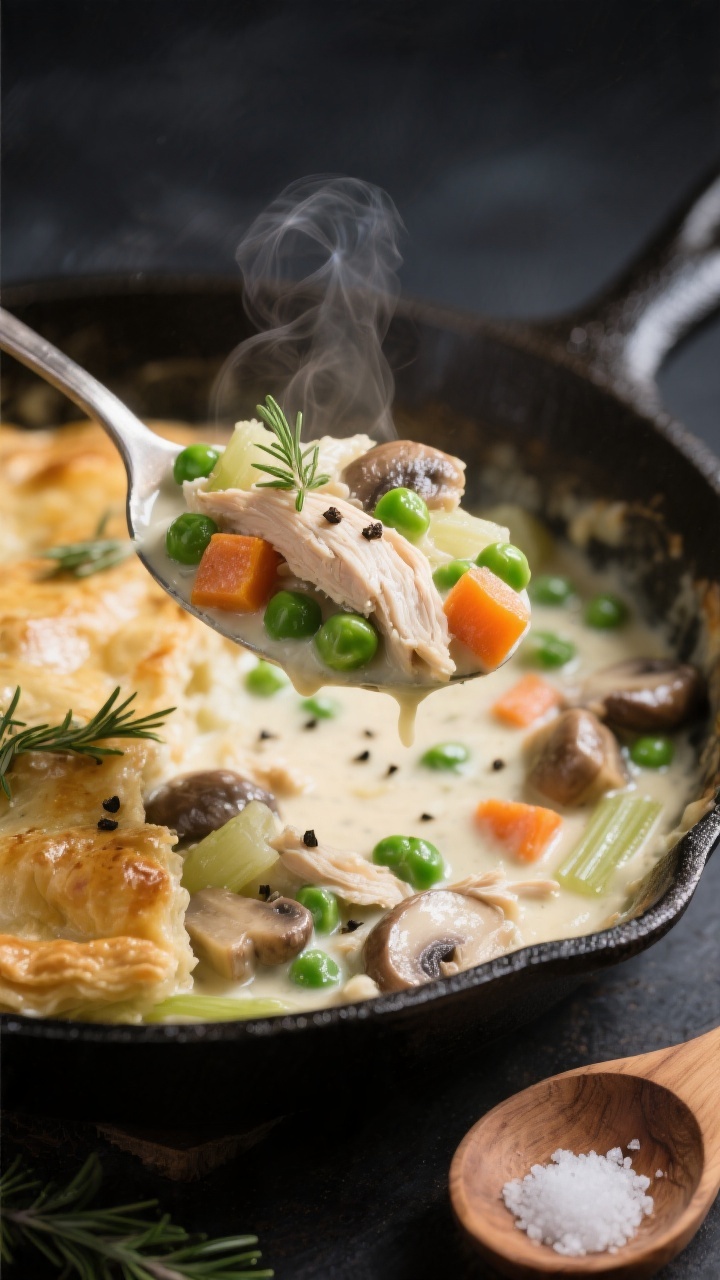 Close-up detail: A spoonful of creamy chicken pot pie filling just off the heat in a skillet—tende