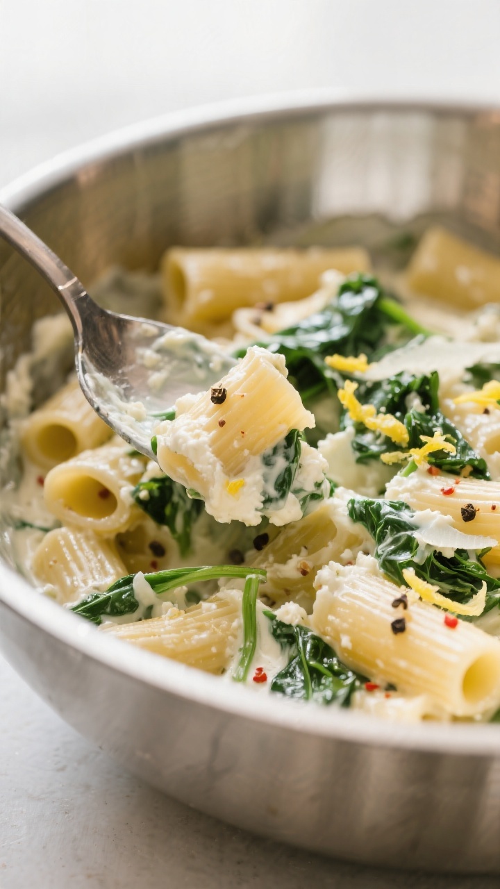 Close-up detail: A spoonful of creamy spinach ricotta pasta mixture being folded together in a large