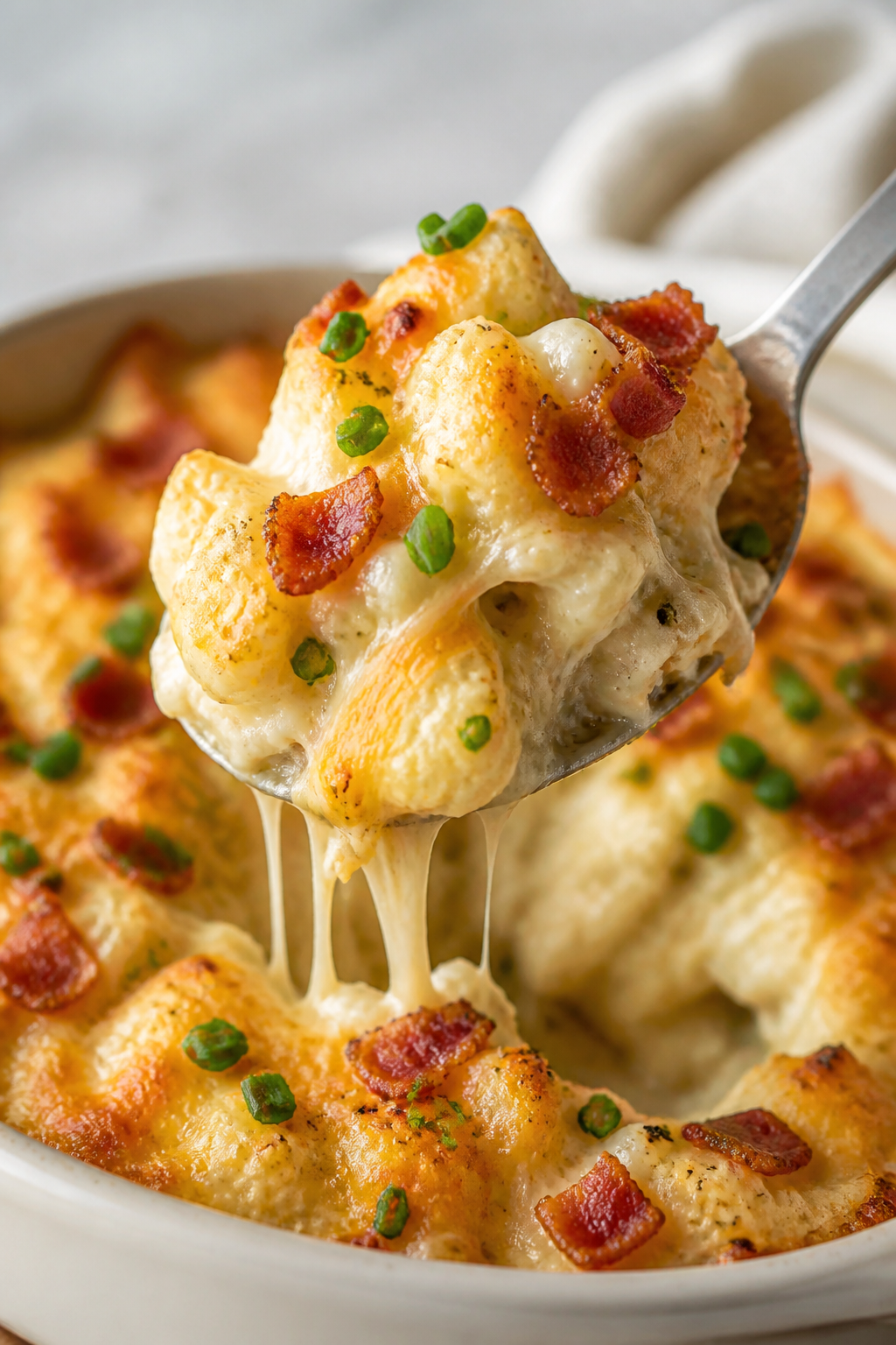 Close-up detail: A spoonful scoop of Crack Chicken Cauliflower Casserole lifted from the pan, showin