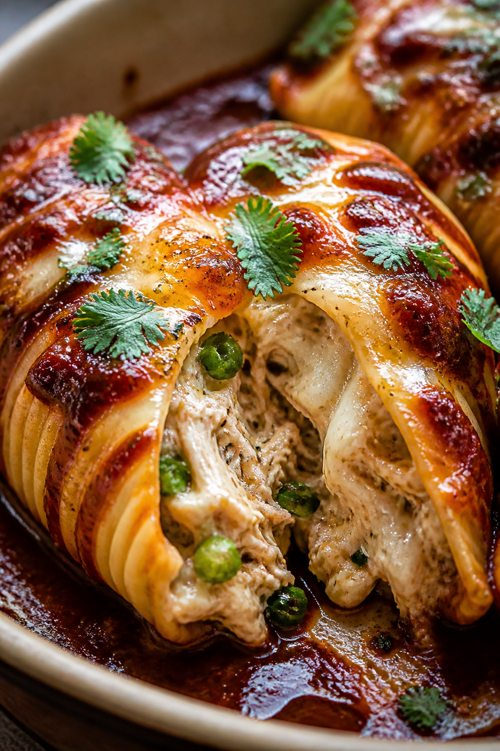 Close-up detail: A tight macro of a just-baked BBQ Ranch Chicken Stuffed Shell split slightly open t