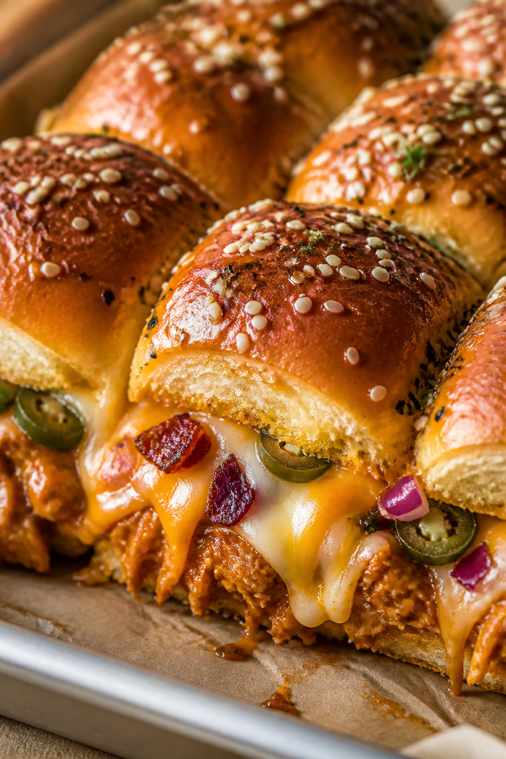Close-up detail: A tight macro of freshly baked BBQ ranch chicken bacon sliders just out of the oven