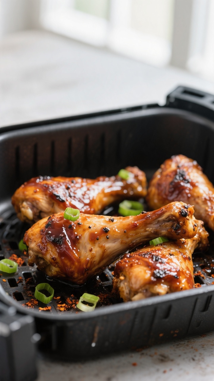 Close-up detail: Air-fried BBQ chicken drumsticks just after the second cook at 400°F, sauce carame