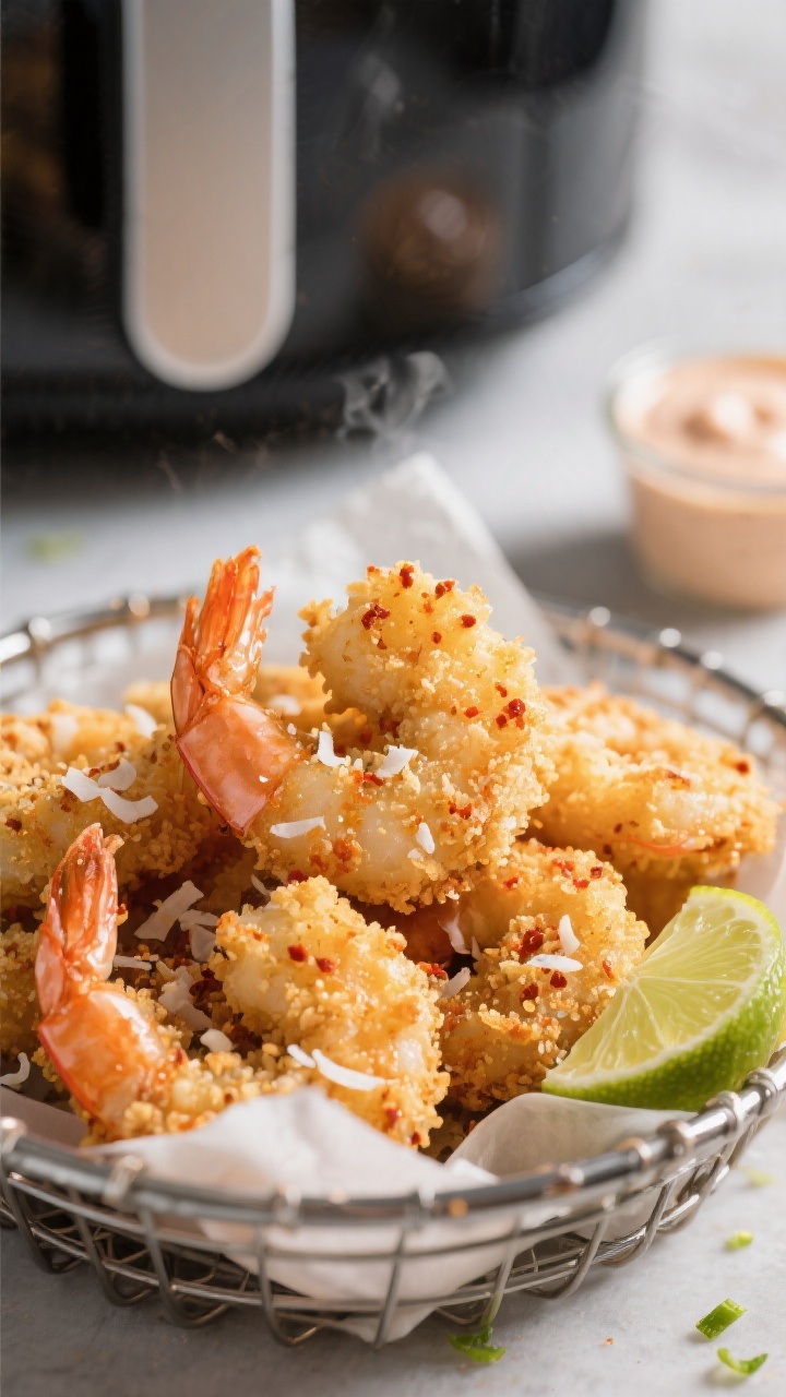 Close-up detail: Air-fried coconut panko shrimp just out of the basket, golden and crisp with visibl