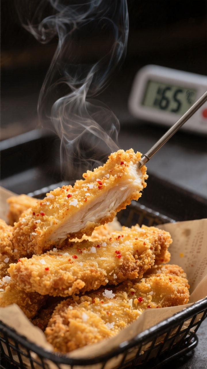 Close-up detail: Air-fried crispy chicken strips just out of the basket, golden panko-Parmesan crust