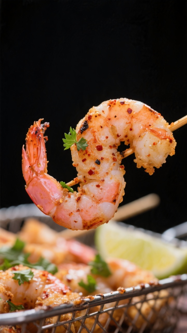 Close-up detail: Air-fried garlic lime shrimp skewers just out of the basket at 400°F, lightly char