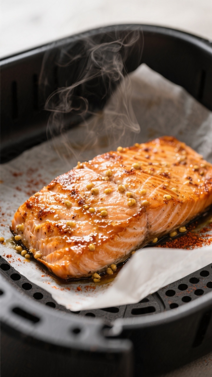 Close-up detail: Air-fried maple Dijon salmon just out of the basket at 400°F, showing caramelized,