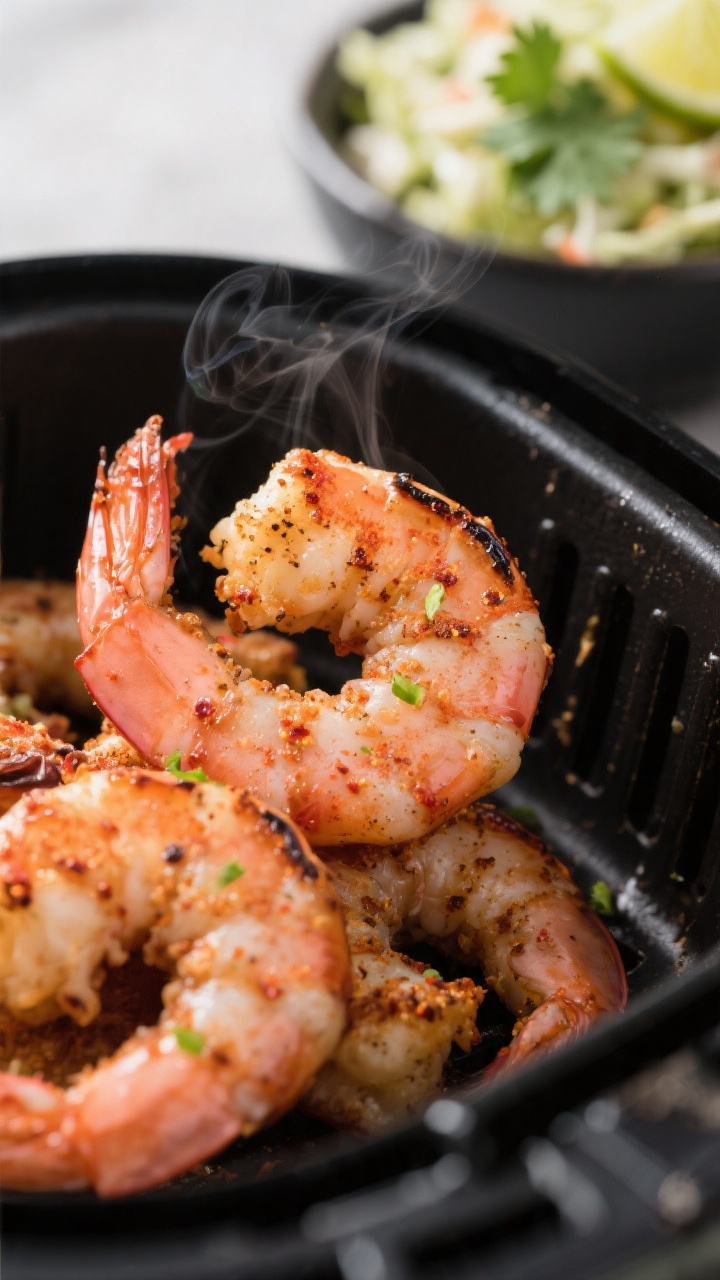 Close-up detail: Air-fried shrimp just out of the basket, lightly charred edges and glistening spice