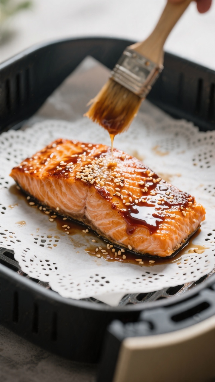 Close-up detail: Air-fried teriyaki salmon just finished in the basket at 390°F, skin-side down wit