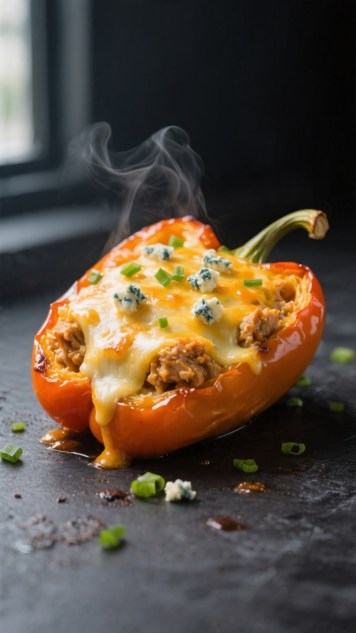 Close-up detail: Air Fryer Buffalo Chicken Stuffed Pepper just finished at 380°F, cheese golden and