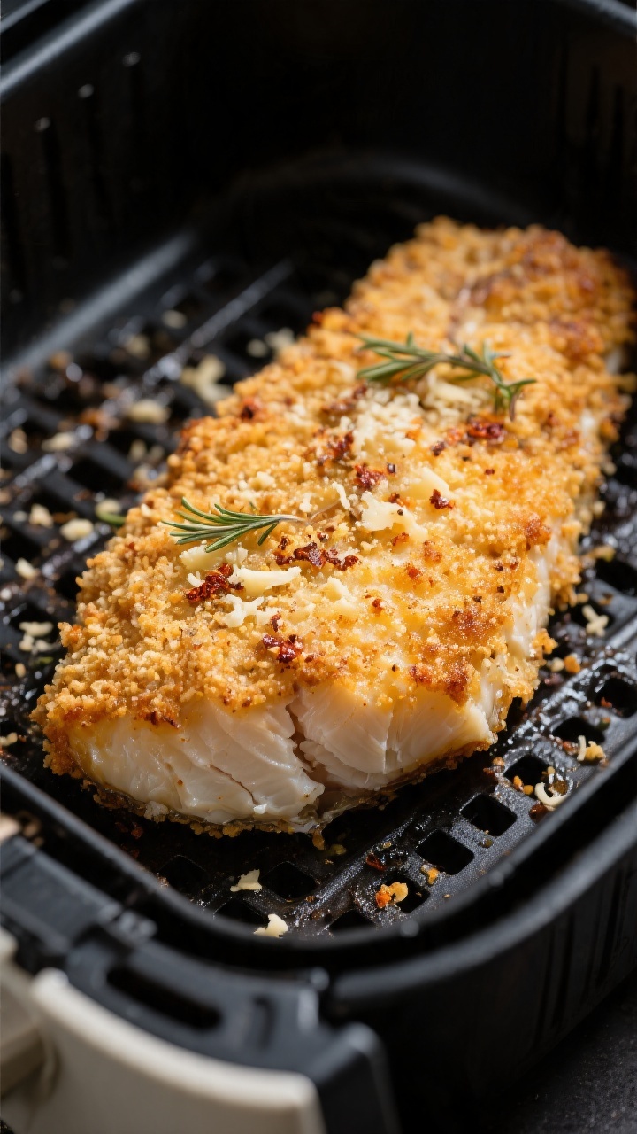 Close-up detail: Air fryer Parmesan-crusted cod just finished cooking in the basket, golden-brown, d