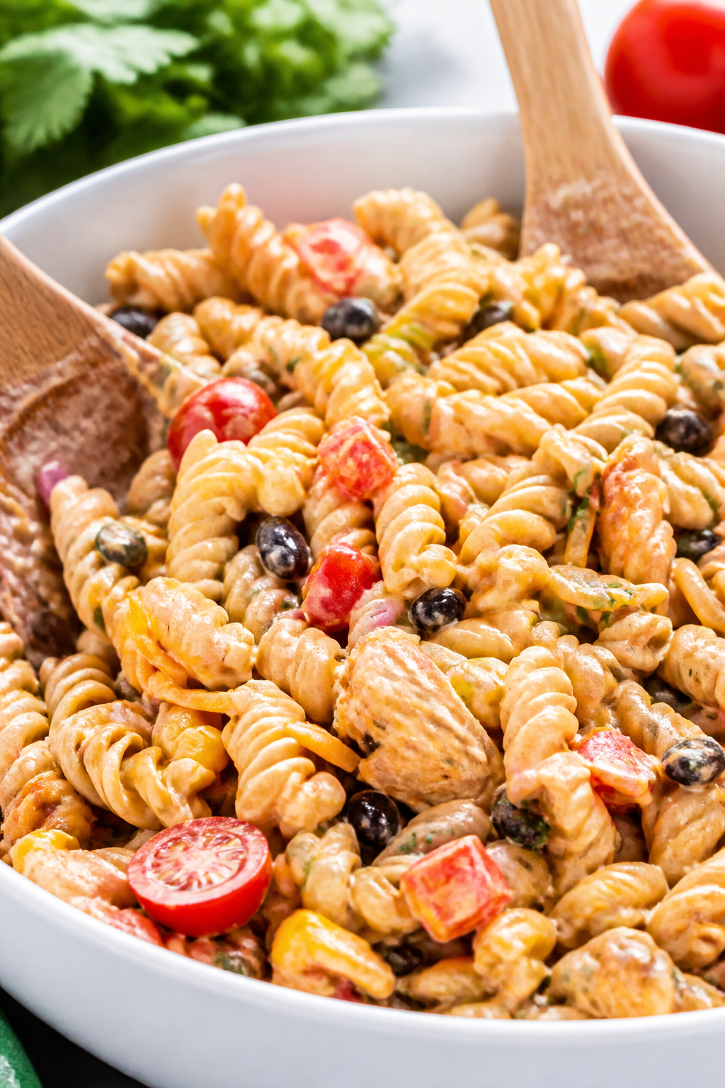 Close-up detail: BBQ chicken pasta salad mid-toss in a large white mixing bowl—creamy ranch-BBQ dr