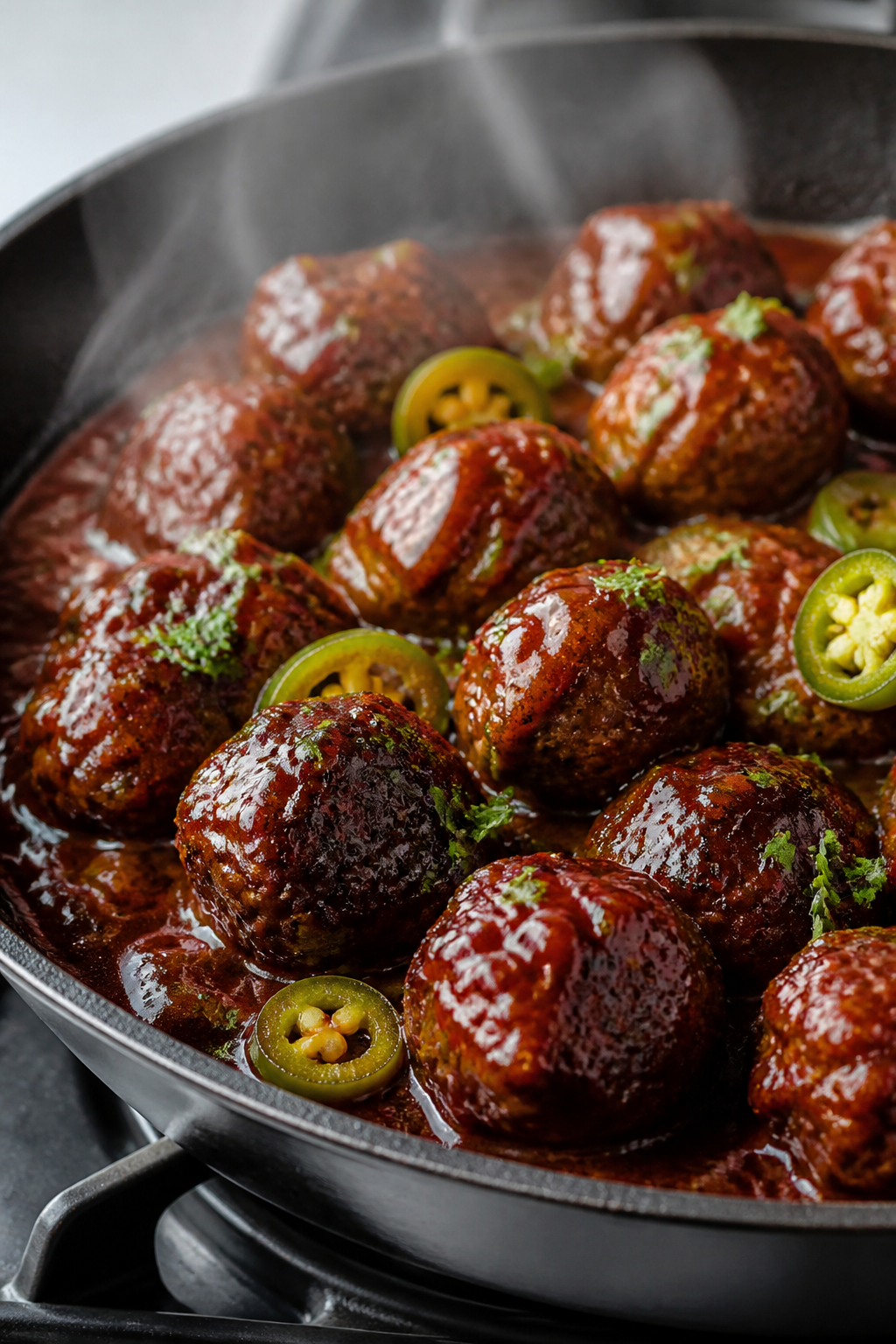 Close-up detail: BBQ-sauced meatballs simmering in a shallow skillet, glossy smoky-sweet sauce cling