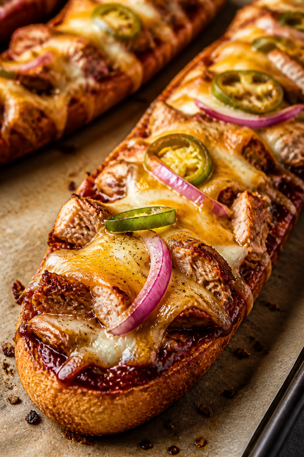 Close-up detail: Broiled BBQ Chicken French Bread Pizza just out of the oven, cheese bubbling and li