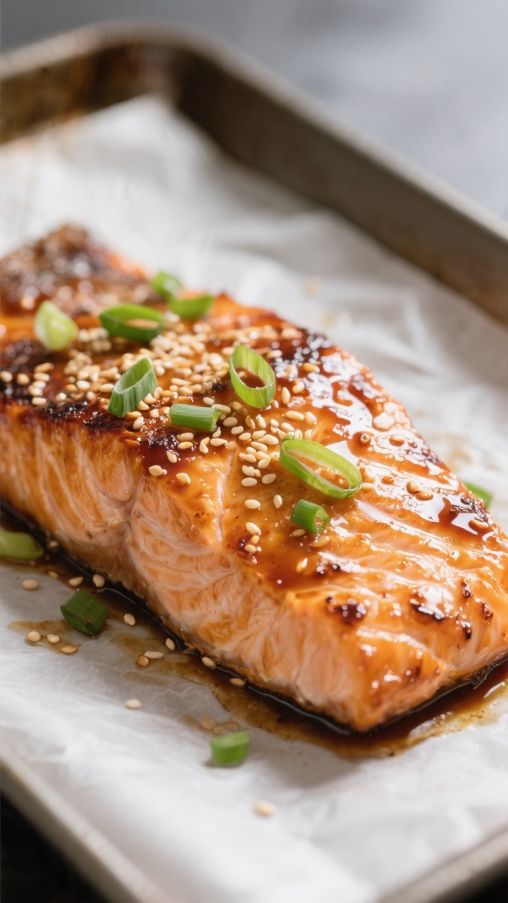 Close-up detail: Broiled miso-glazed salmon just out of the oven, caramelized glaze with lightly bli