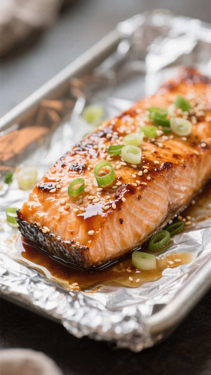 Close-up detail: Broiled miso-honey glazed salmon fillet fresh from the oven, showcasing glossy cara