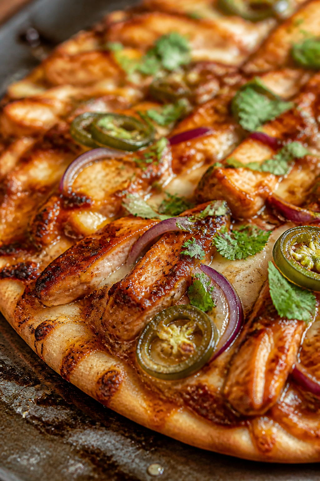 Close-up detail – Bubbling, just-broiled cheese and toppings: Macro side-angle close-up of a baked
