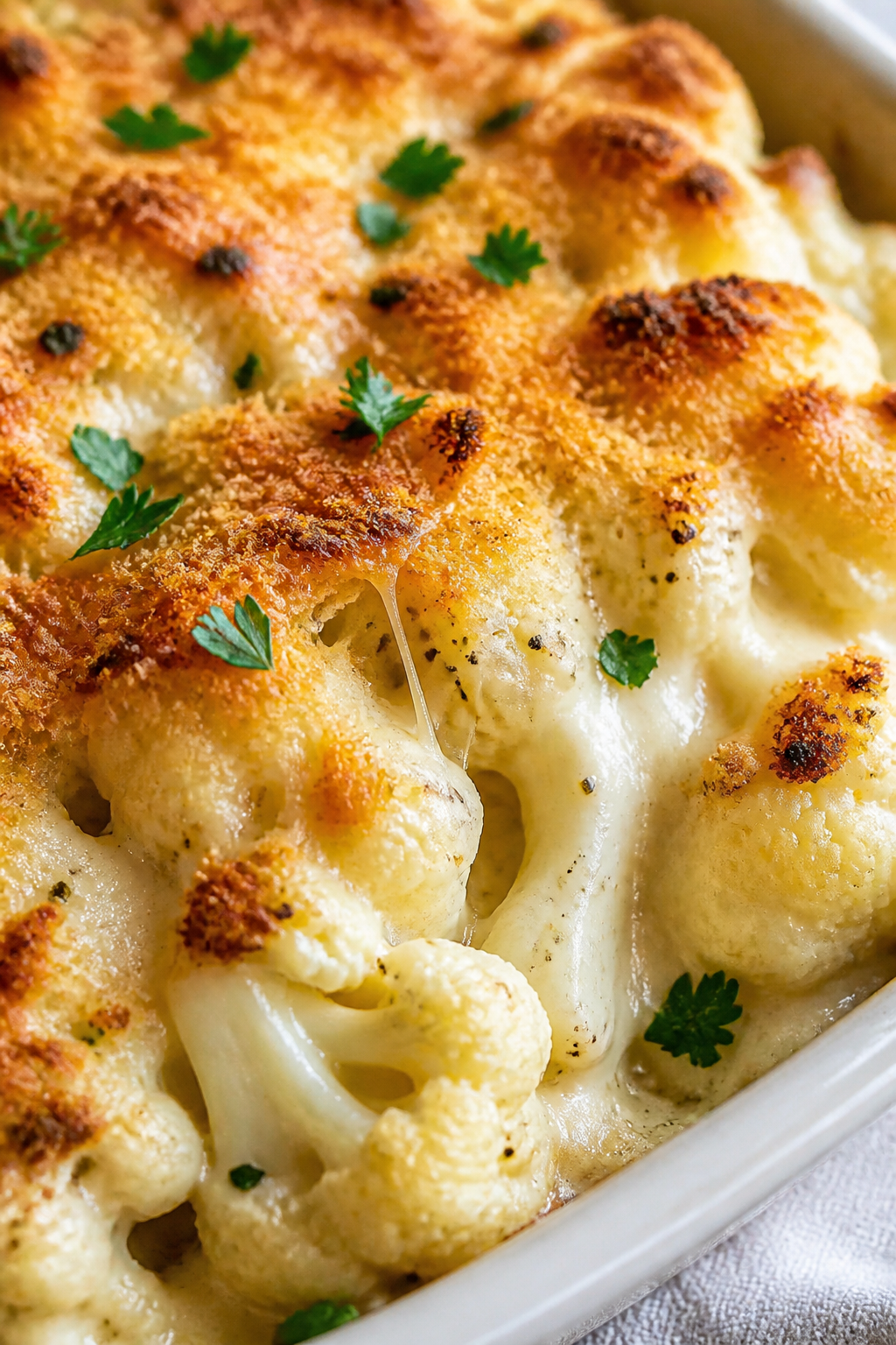 Close-up detail: Bubbly Creamy Garlic Parmesan Cauliflower Bake just out of the oven, tight macro on
