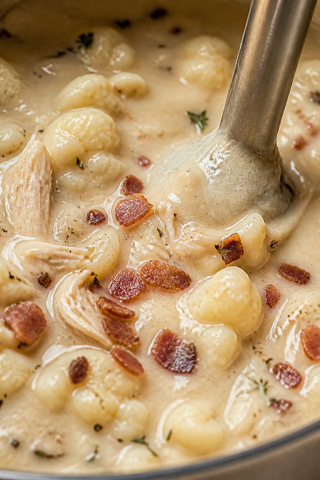 Close-up detail: Creamy blended cauliflower soup in the pot just after partial immersion blending—