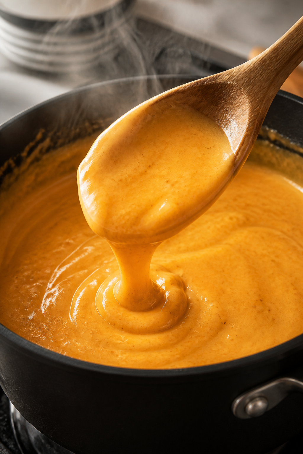 Close-up detail: Creamy buffalo cheese sauce being whisked off the heat in a matte black saucepan, r
