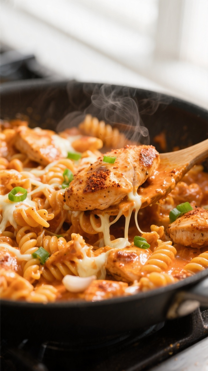 Close-up detail: Creamy Buffalo chicken pasta mid-stir in a deep skillet, showing rotini coated in g