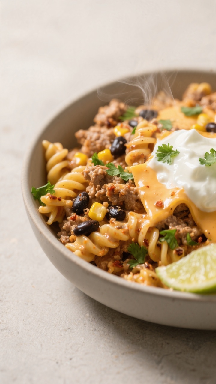 Close-up detail: Creamy ground turkey taco pasta just after stirring in Greek yogurt and melted redu
