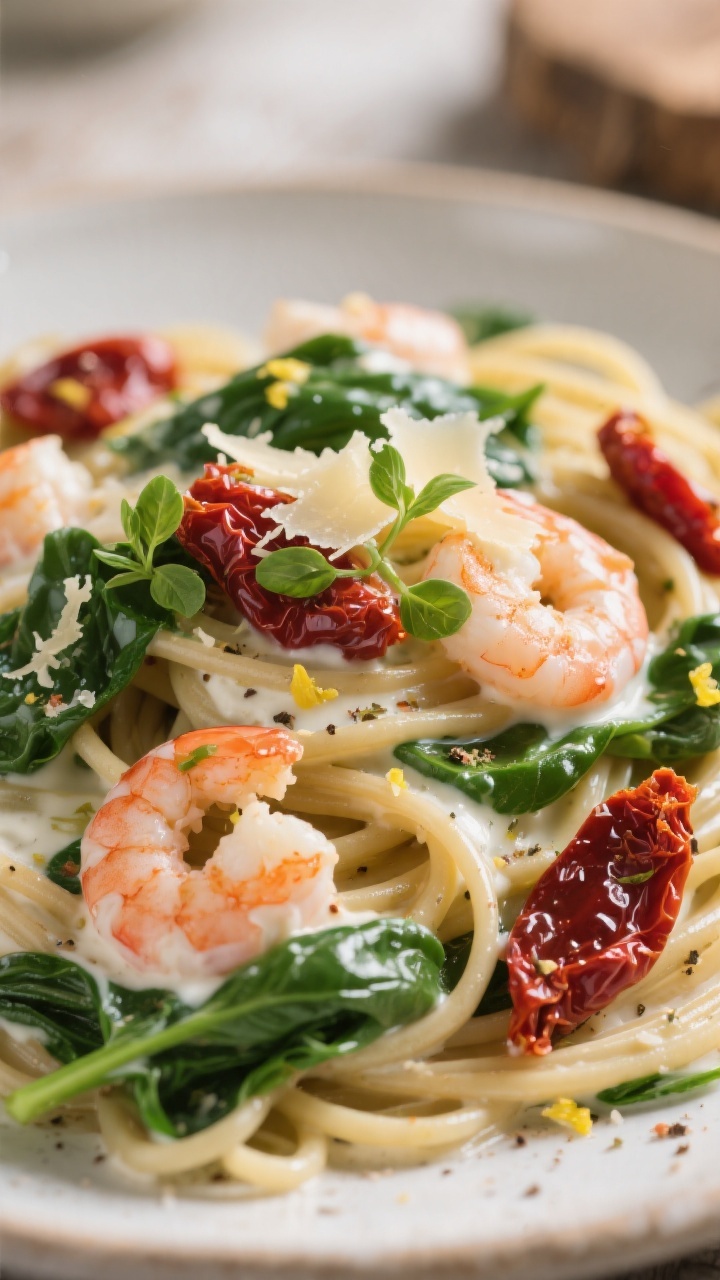Close-up detail: Creamy “light” Tuscan sauce coating linguine and spinach, with plump cooked shr