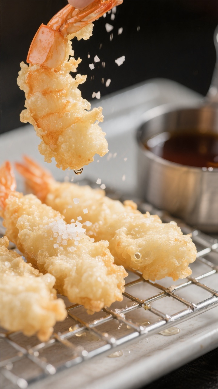 Close-up detail: Crisp shrimp tempura just lifted from hot oil, pale golden batter with airy crags a