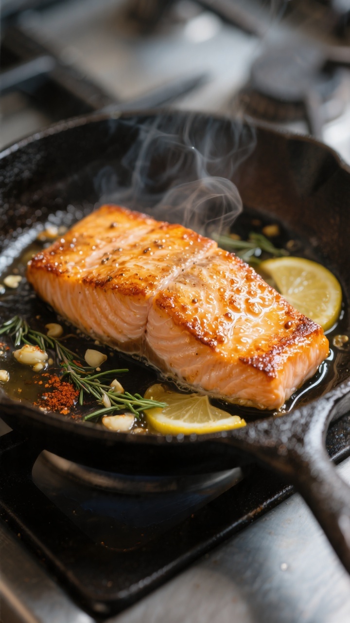 Close-up detail: Crisp-skinned salmon just flipped in a cast-iron skillet, golden, blistered skin wi