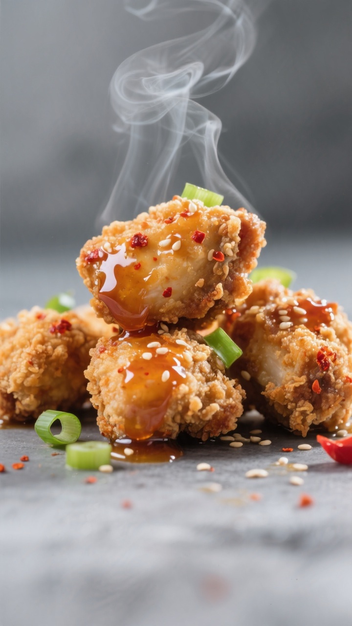 Close-up detail: Crispy air-fried chicken bites just tossed in glossy hot honey glaze, steam rising,