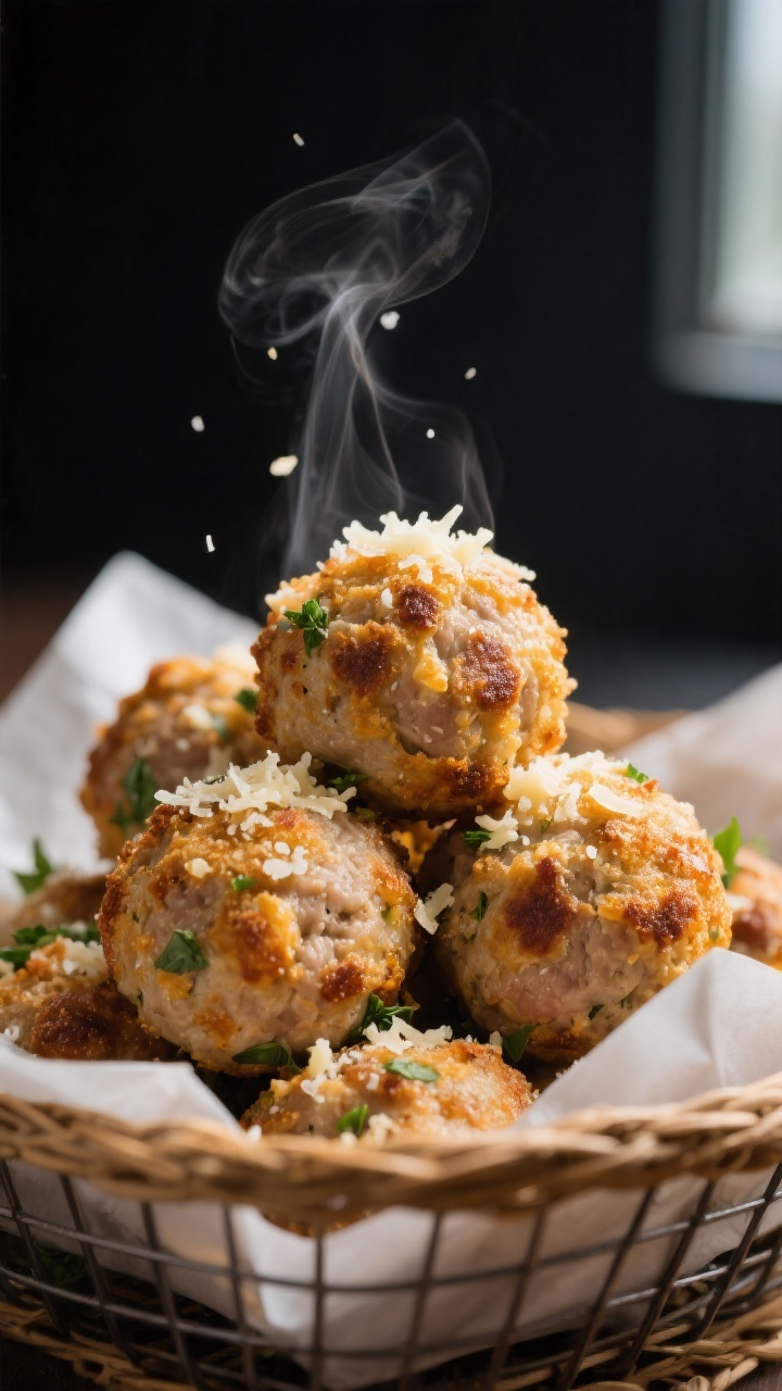 Close-up detail: Crispy air-fried garlic Parmesan turkey meatballs just out of the basket, golden-br