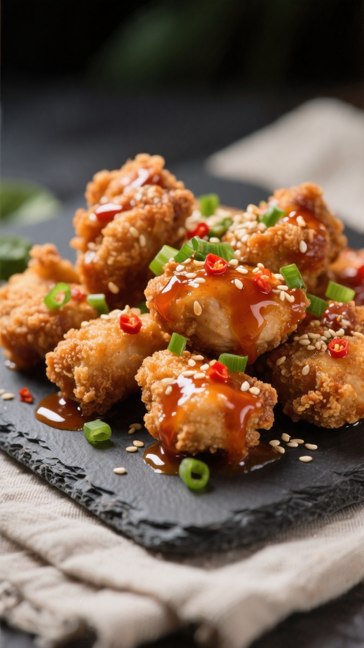 Close-up detail: Crispy air-fried sweet chili chicken bites just tossed in warm glossy sauce, sauce 