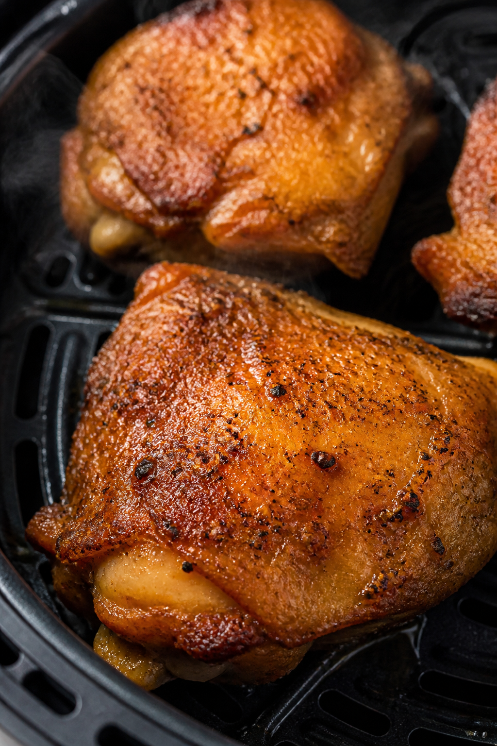 Close-up detail: Crispy air fryer lemon pepper chicken thighs just after the flip, skin-side up in t