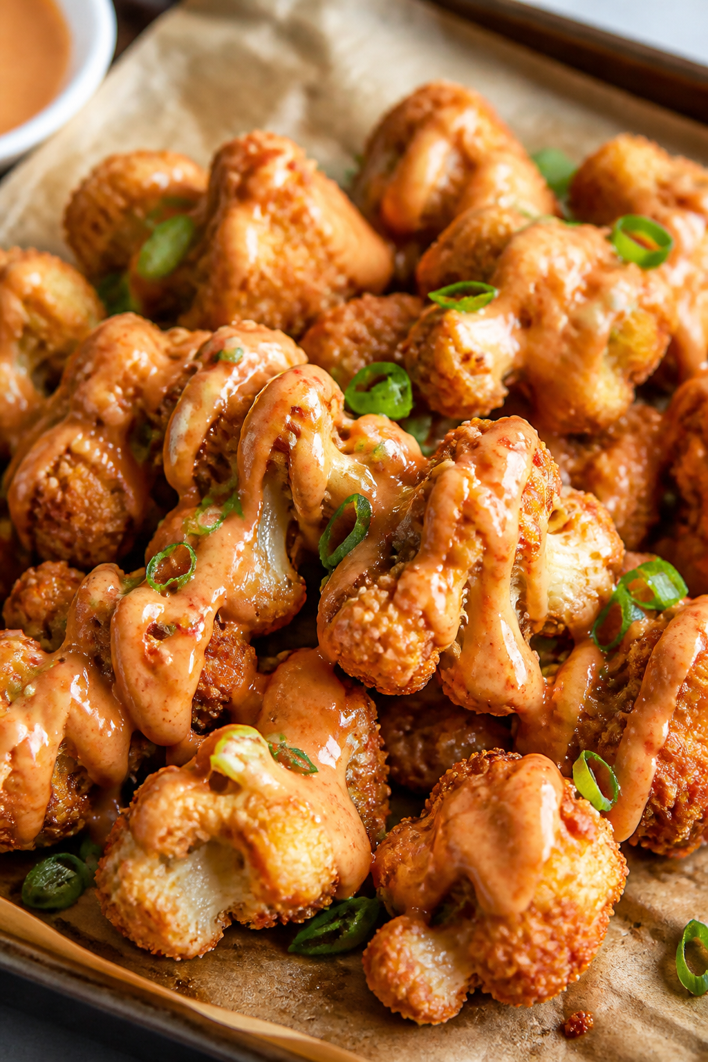 Close-up detail: Crispy bang bang cauliflower just out of the oven, golden-brown craggy coating with