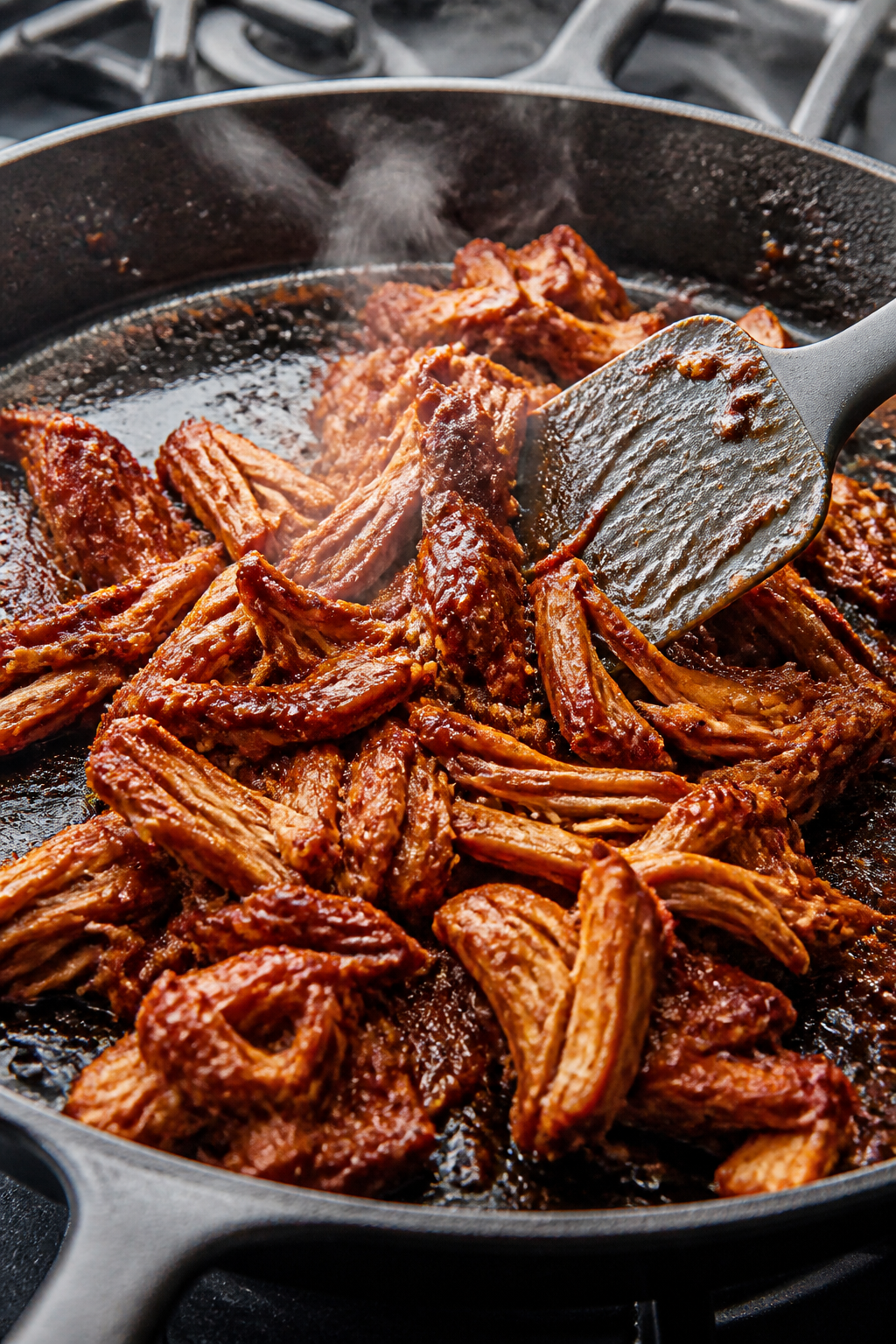 Close-up detail: Crispy BBQ shredded chicken sizzling in a cast-iron skillet, lacquered with glossy 