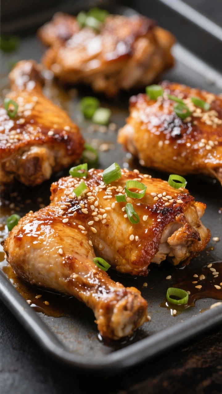 Close-up detail: Crispy, golden-brown bone-in, skin-on chicken thighs just out of the oven, skin bli