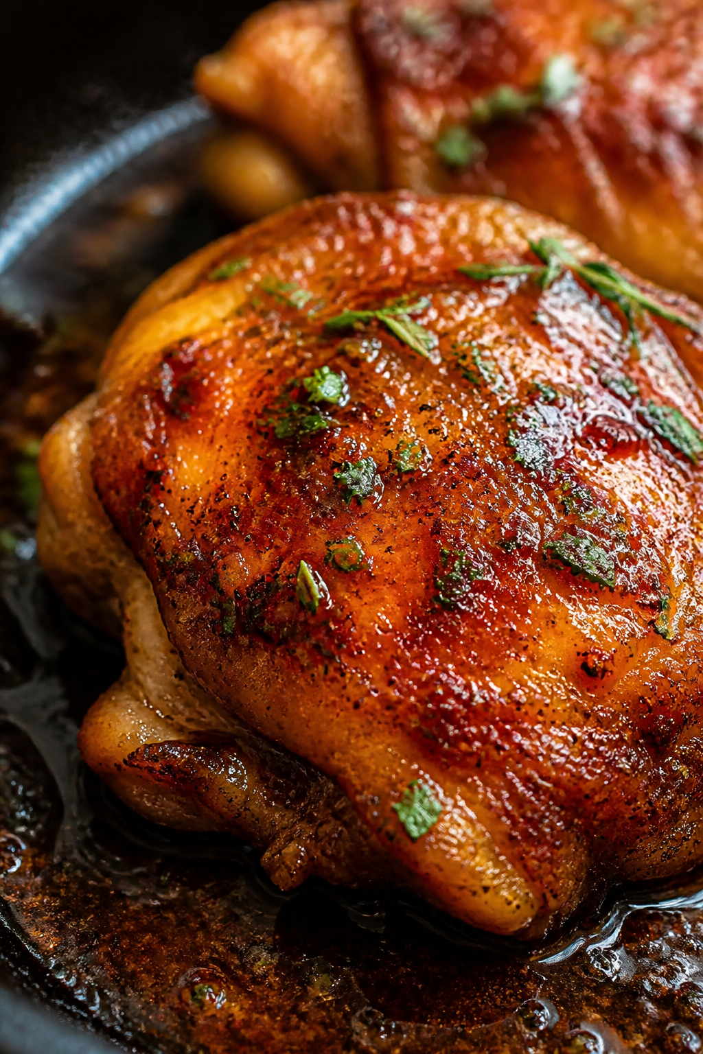 Close-up detail: Crispy, golden-brown chicken thigh skin lacquered with a glossy balsamic-honey glaz