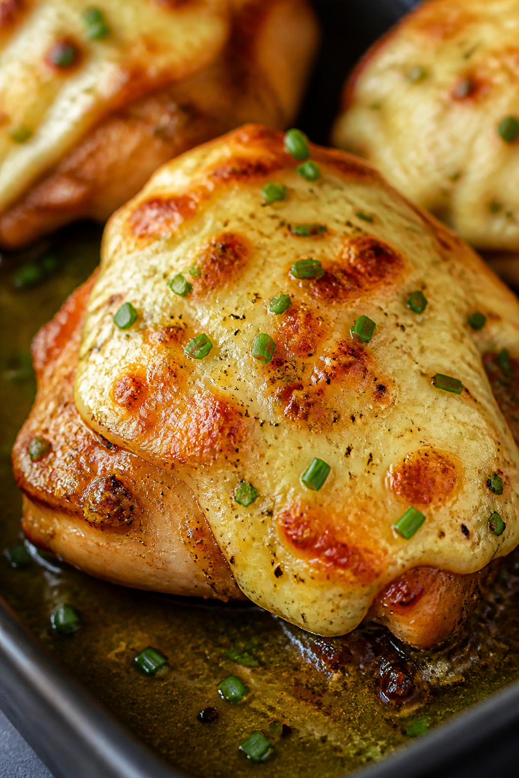 Close-up detail: Crispy, golden-brown chicken thigh just out of the oven, coated in the bubbling “