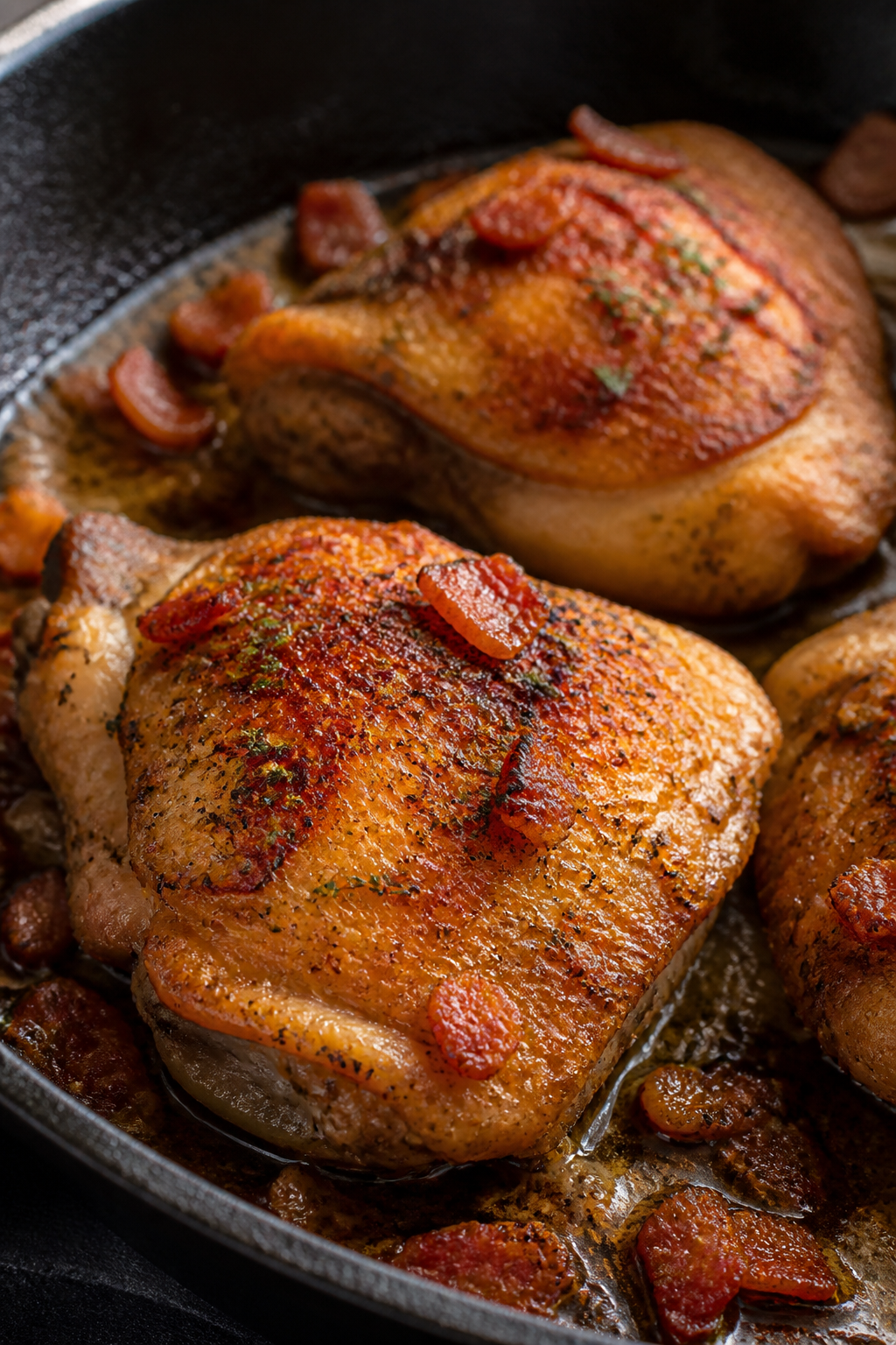 Close-up detail: Crispy, golden-brown chicken thigh skin sizzling in a cast-iron skillet with render