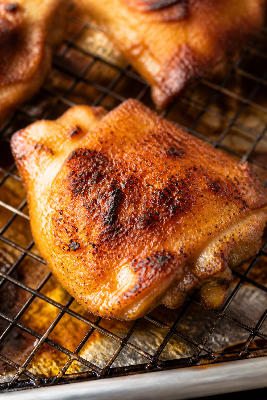 Close-up detail: Crispy, golden-brown roasted chicken thigh fresh from the oven, skin blistered and 