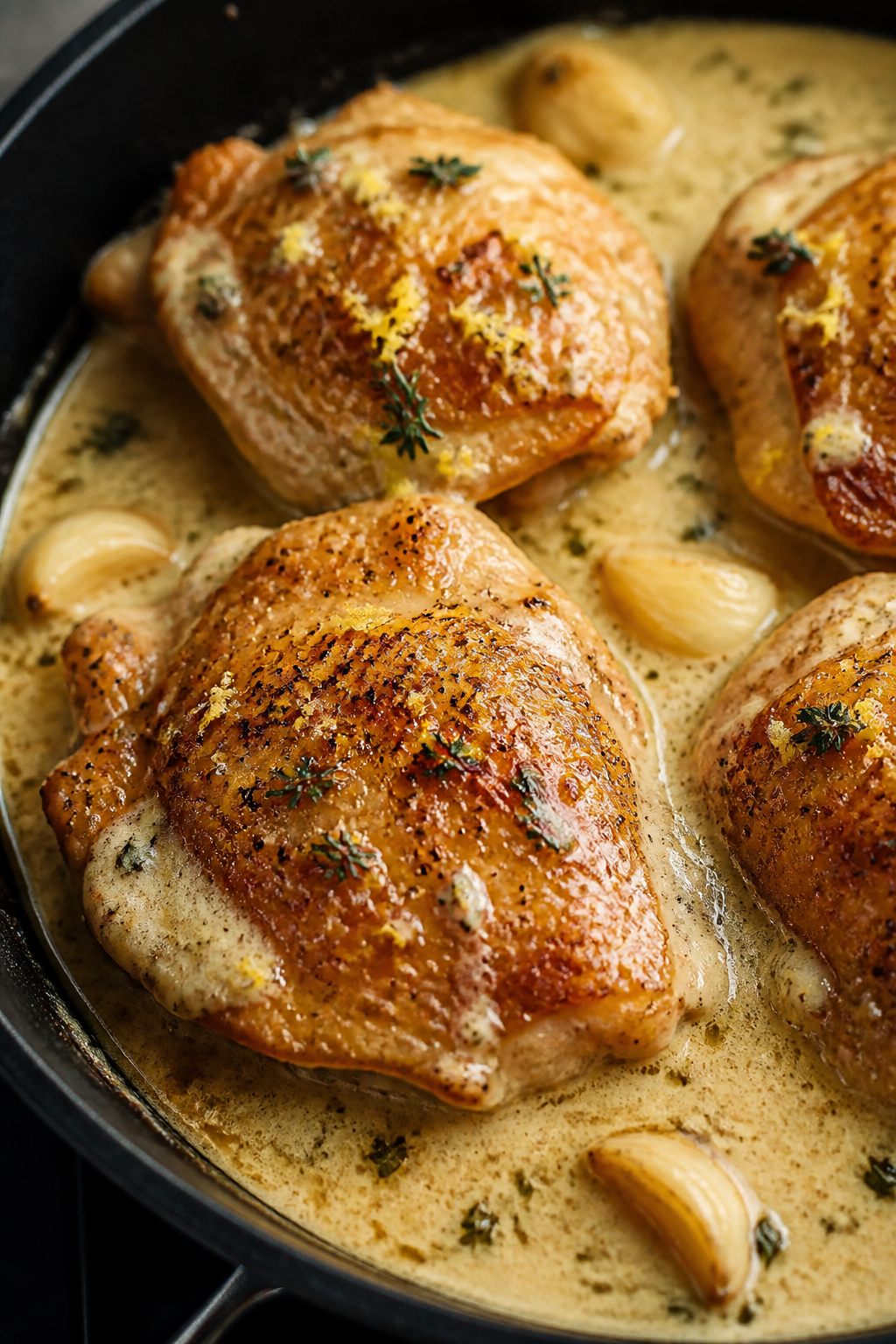 Close-up detail: Crispy, golden-brown skin-on chicken thighs just after searing, nestled back into a