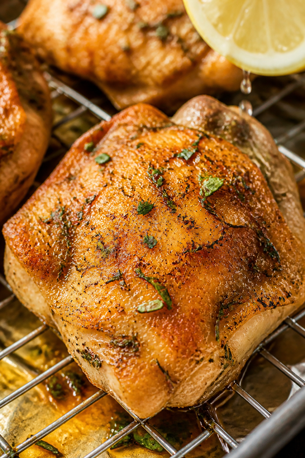 Close-up detail: Crispy ranch chicken thigh just out of the oven, skin deep golden and crackly with 