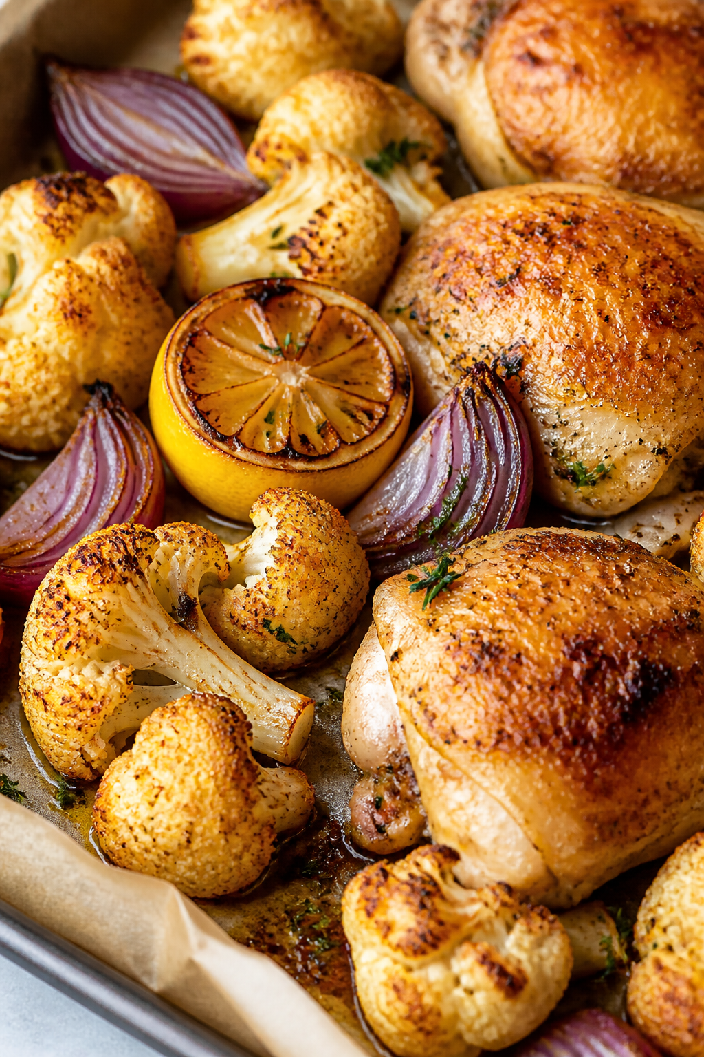 Close-up detail: Crispy roasted cauliflower florets nestled beside golden, skin-on chicken thighs on